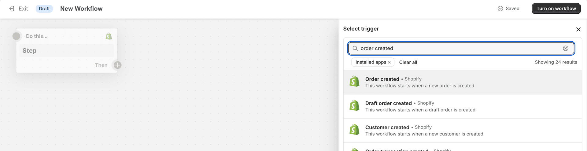 Select "Order created" trigger from the list